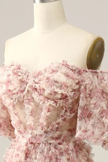 Elegant Pink Floral Printed Off-the-Shoulder Corset Prom Dress with Sweep Train
