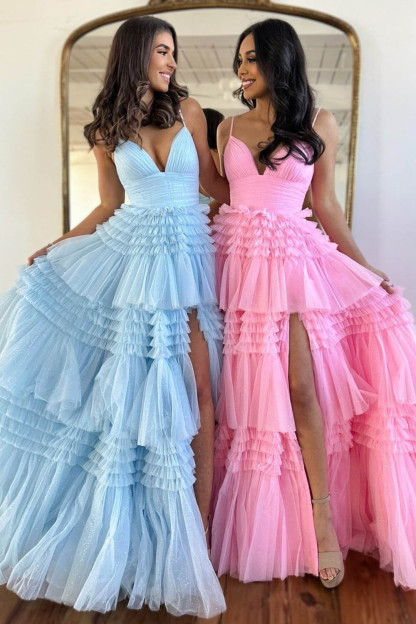 Elegant A-Line Long Tulle Prom Dress with Spaghetti Straps and Side Split
