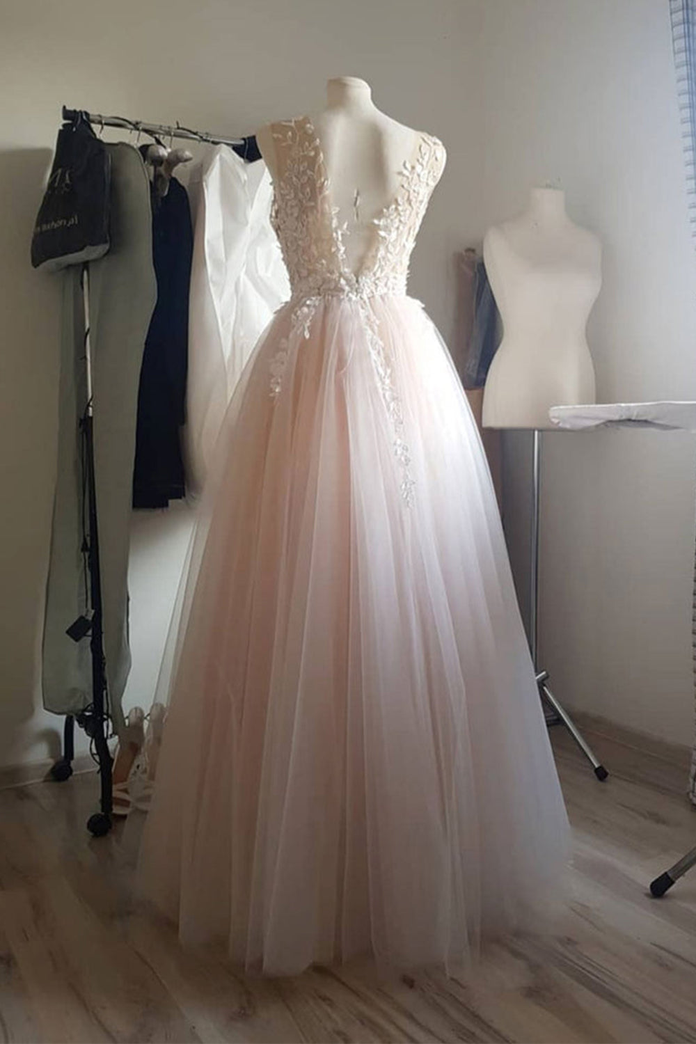 Long Prom Dress with Pearl Pink Illusion Neckline