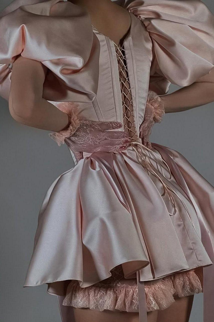 Amazing Pink Satin Square Neck Puff Sleeves Slim Short Prom Dress with Ruffles