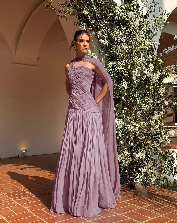 Chic One Shoulder Sleeveless Long Formal Dress With Pleated Shawl