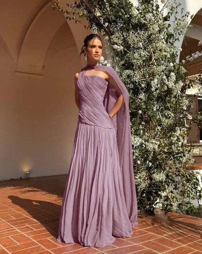 Chic One Shoulder Sleeveless Long Formal Dress With Pleated Shawl
