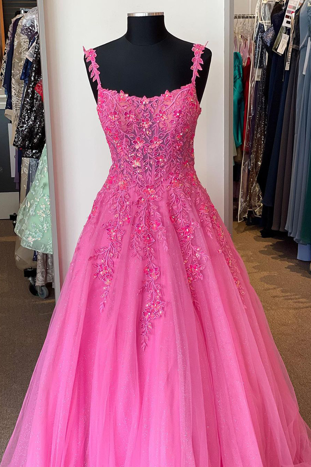 Elegant Hot Pink A-Line Prom Dress with Spaghetti Straps and Appliques