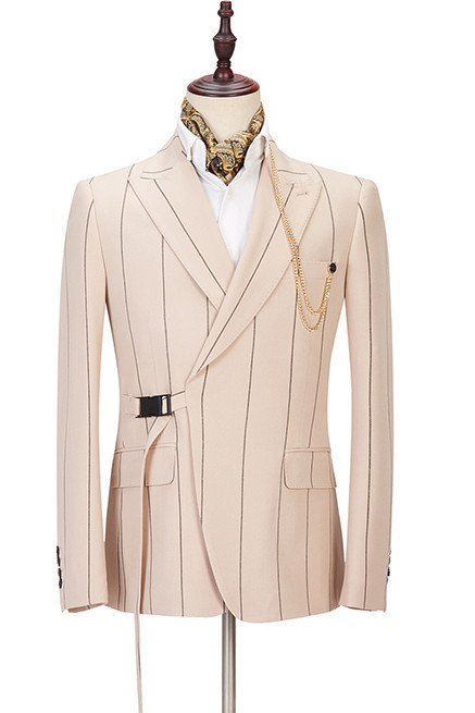 Modern Light Champagne Bespoke Reception Suit Peaked Lapel with Striped
