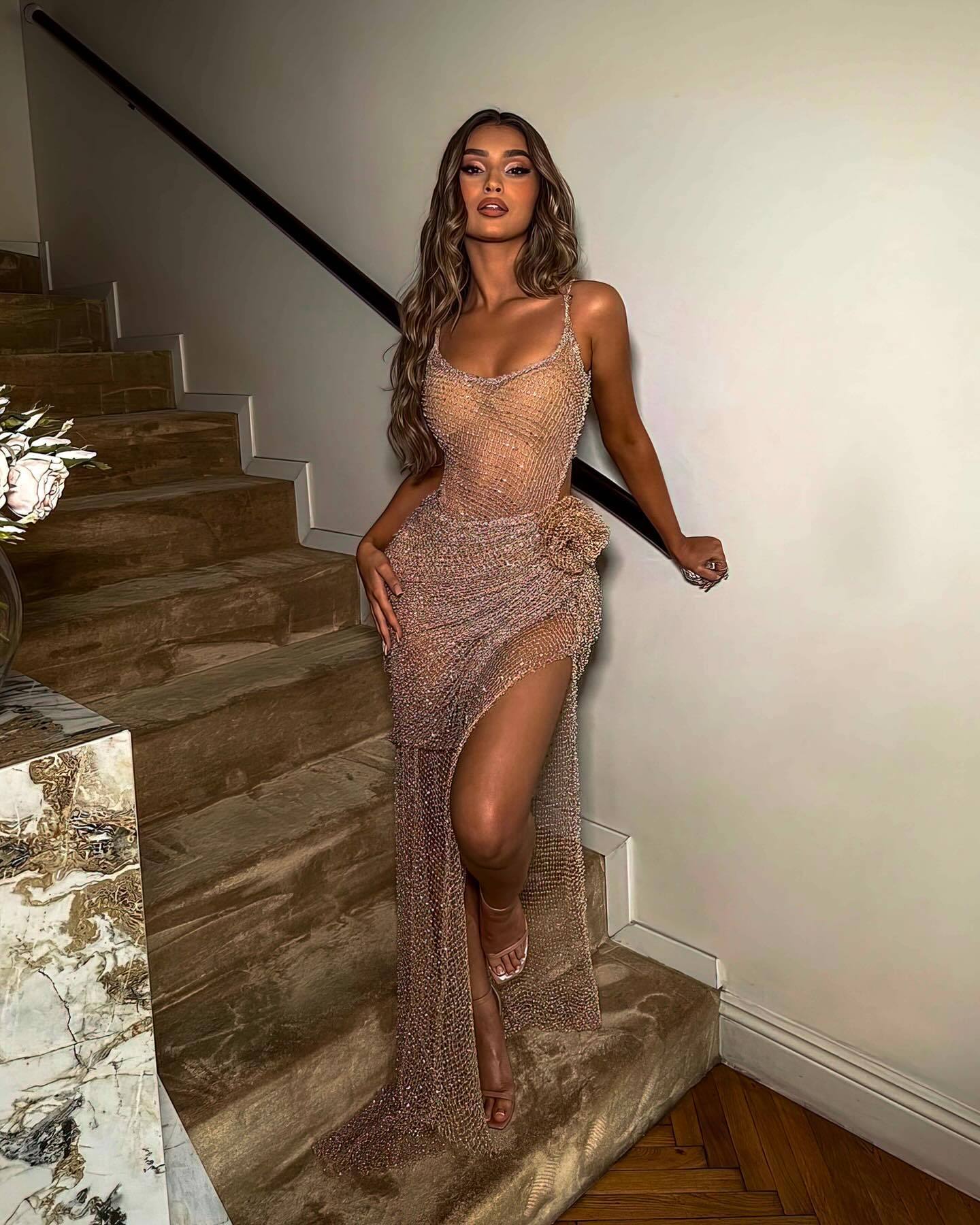 Stunning Sheath Spaghetti Strap Champagne Long Split Formal Dress