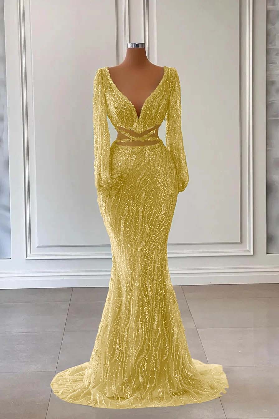 Light Green Long Sleeves V-Neck Evening Dress Mermaid With Sequins Beads