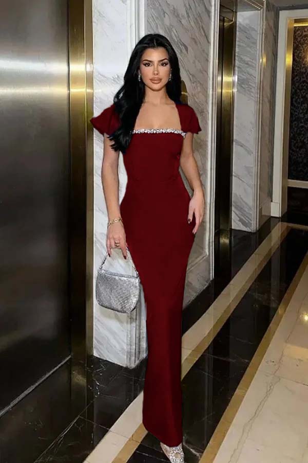 Sleeveless Square Neck Long Mermaid Formal Dress With Pleated Beading