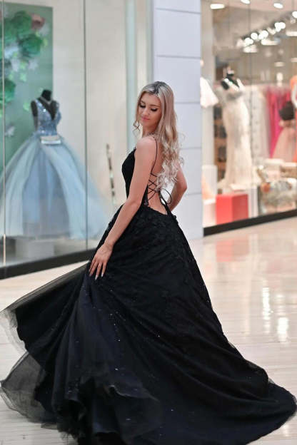 Black Long Prom Dress with Spaghetti Straps and Criss Cross Back in A-Line Silhouette