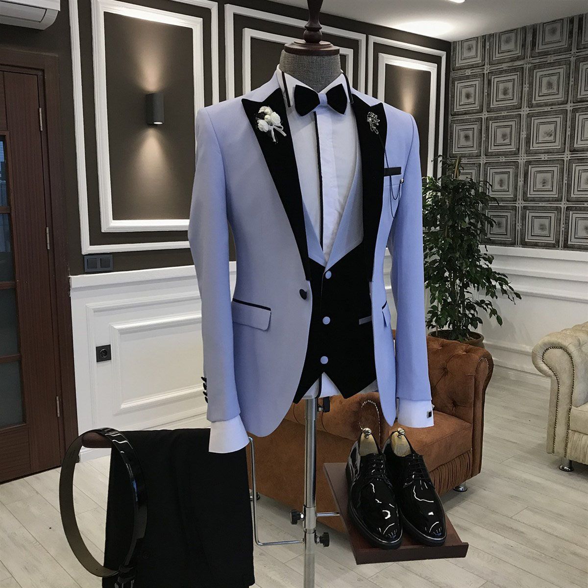 Simple Purple Three-Piece Prince Suit for Guys with Black Peaked Lapel