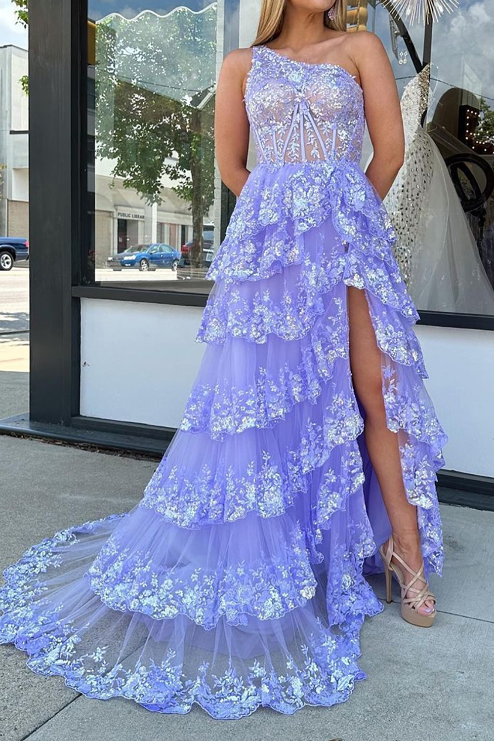Light Purple Long Prom Dress with One Shoulder and Lace Ruffles in A-Line Princess Style