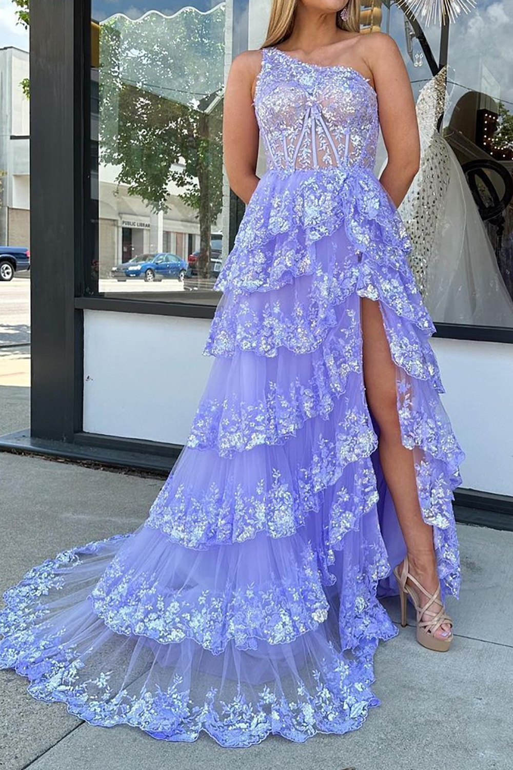 Light Purple Long Prom Dress with One Shoulder and Lace Ruffles in A-Line Princess Style
