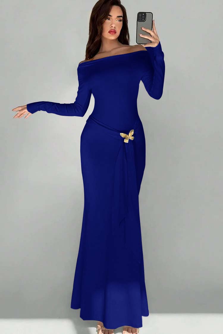 Off the Shoulder Long Sleeves Long Mermaid Formal Dress With Appliques