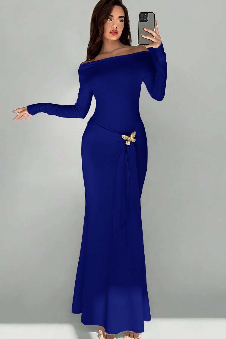 Off the Shoulder Long Sleeves Long Mermaid Formal Dress With Appliques