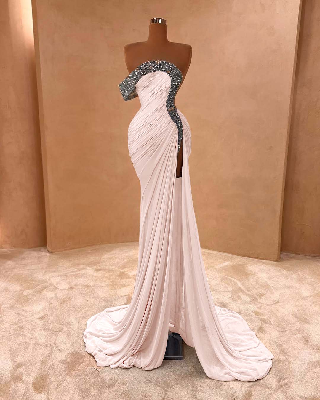 One Shoulder Sleeveless Long Split Formal Dress With Pleated Sequins
