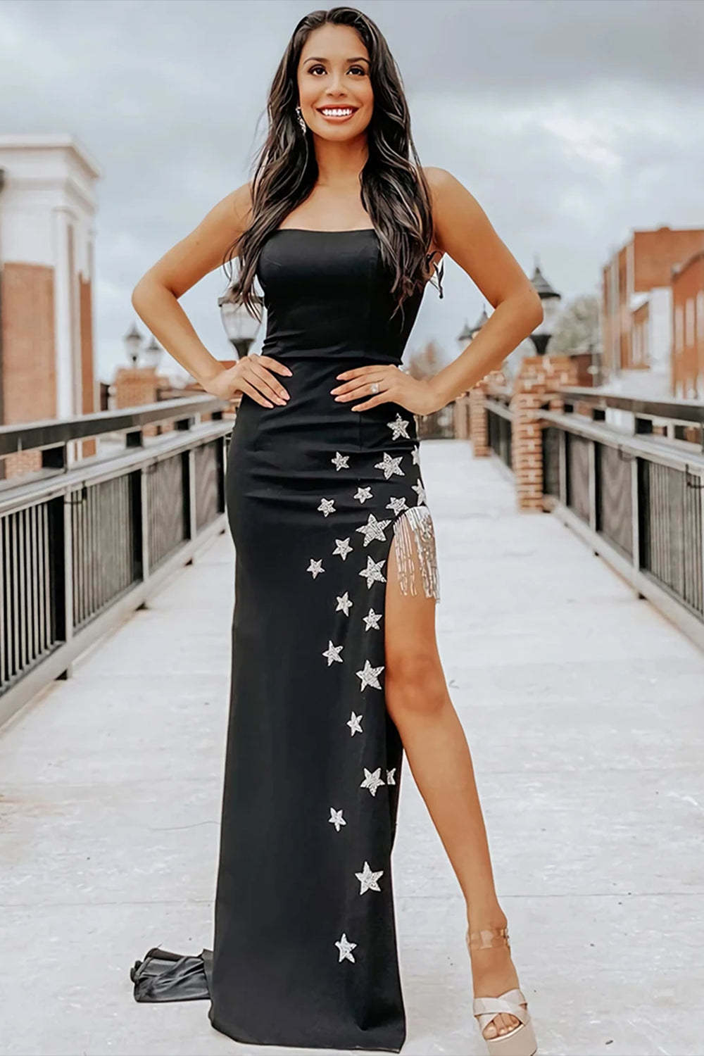 Elegant Black Sheath Dress Adorned with Stars and Fringes
