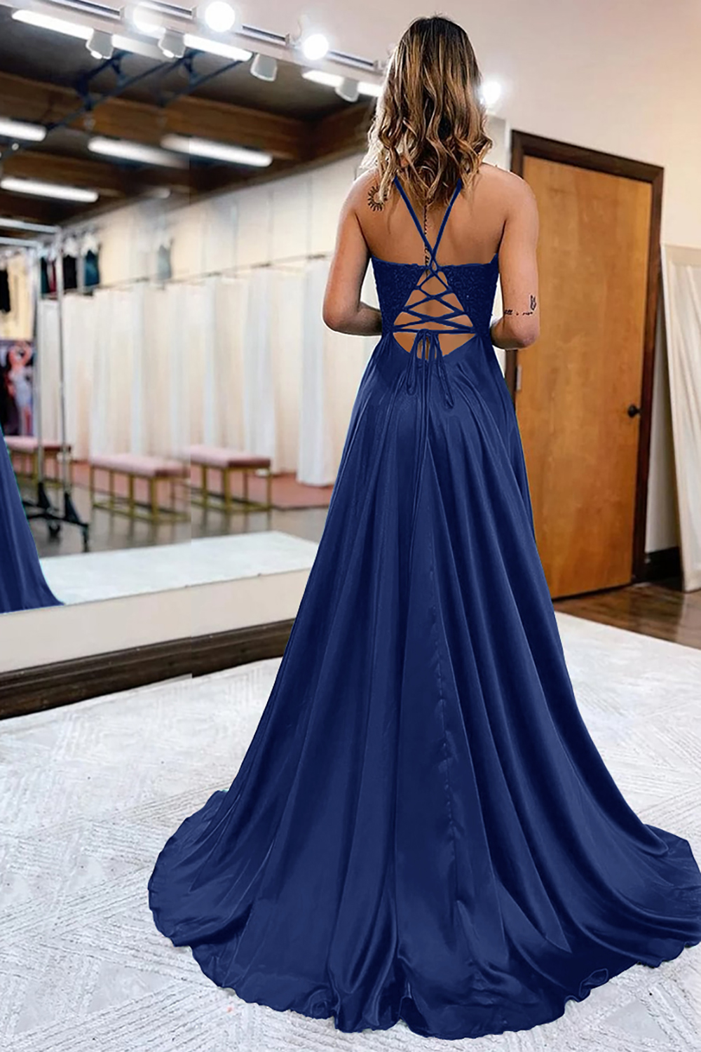 Prom Dress in Dark Green Satin with A-Line Silhouette and Appliques Featuring a Slit