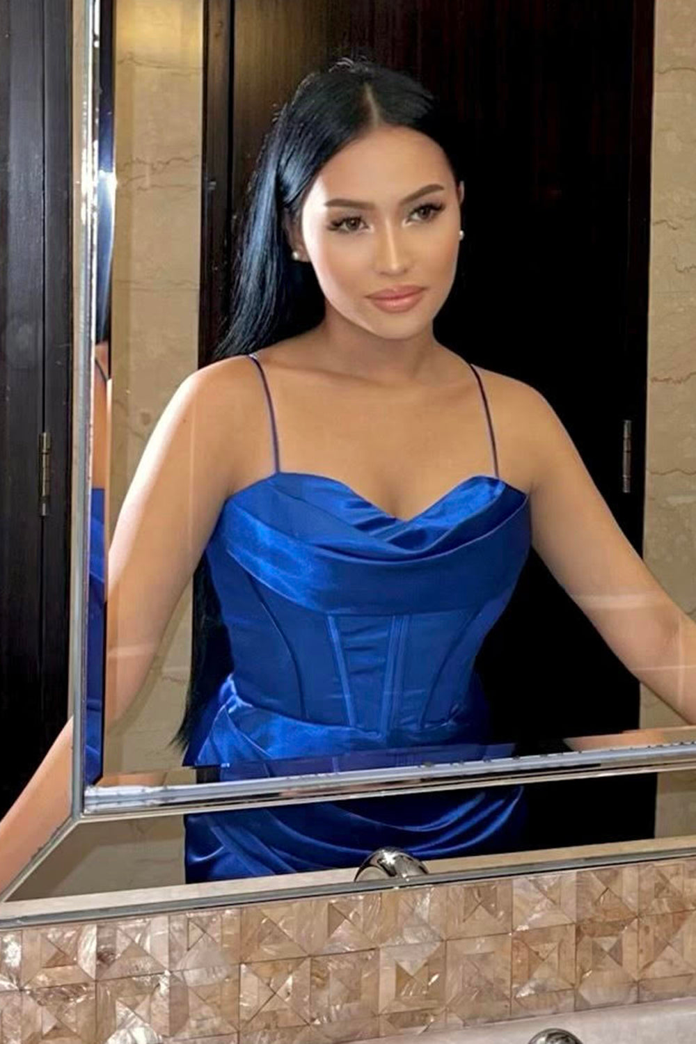 Royal Blue Corset Prom Dress with Sheath Spaghetti Straps and Split Front