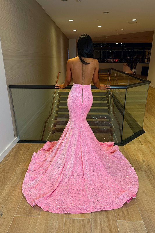 Sexy Transparent Straps Pink Mermaid Sequins Beads Evening Dress With Flared Hemline