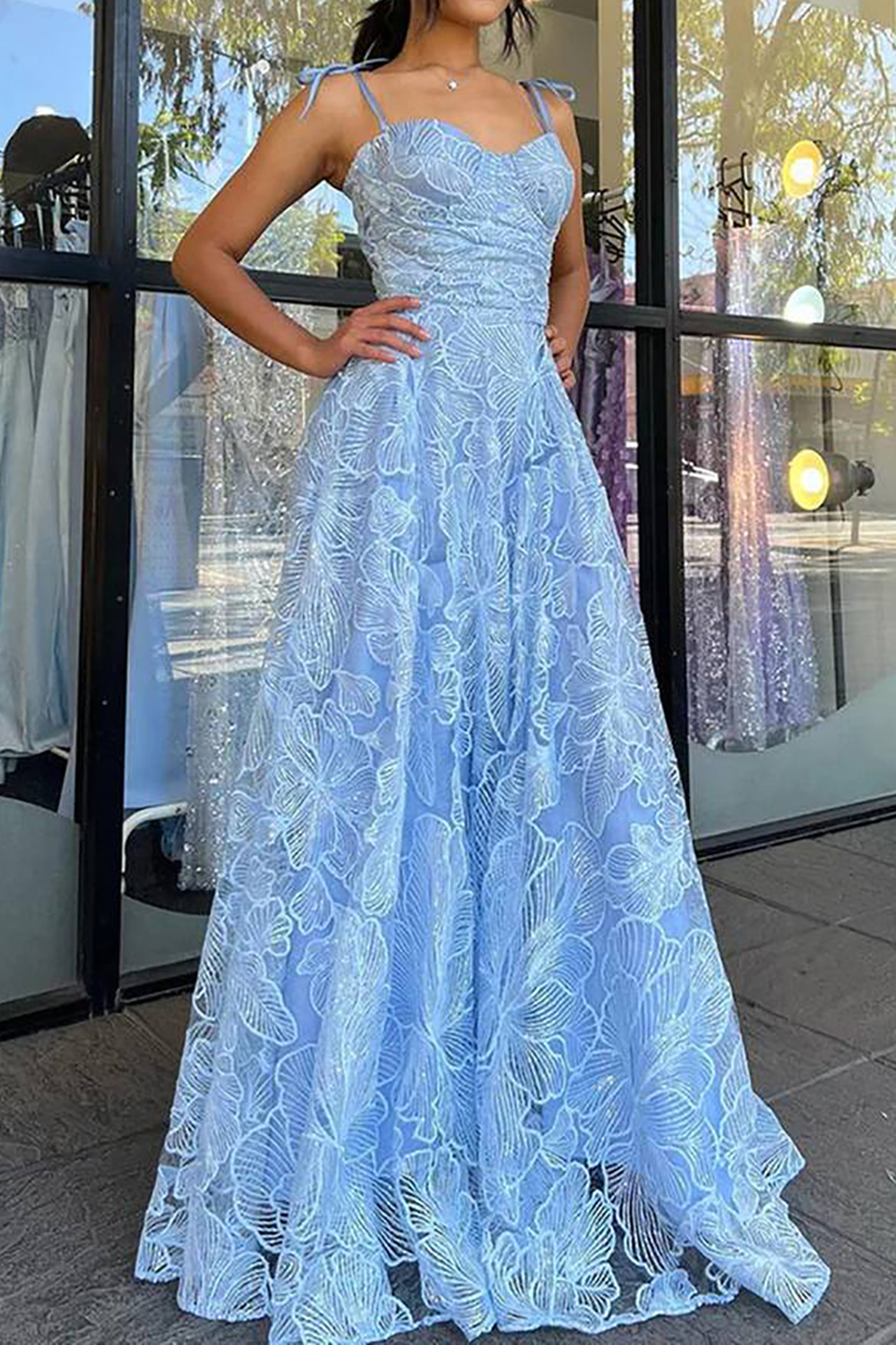 Elegant Blue Long Prom Dress with Lace and Spaghetti Straps in A-Line