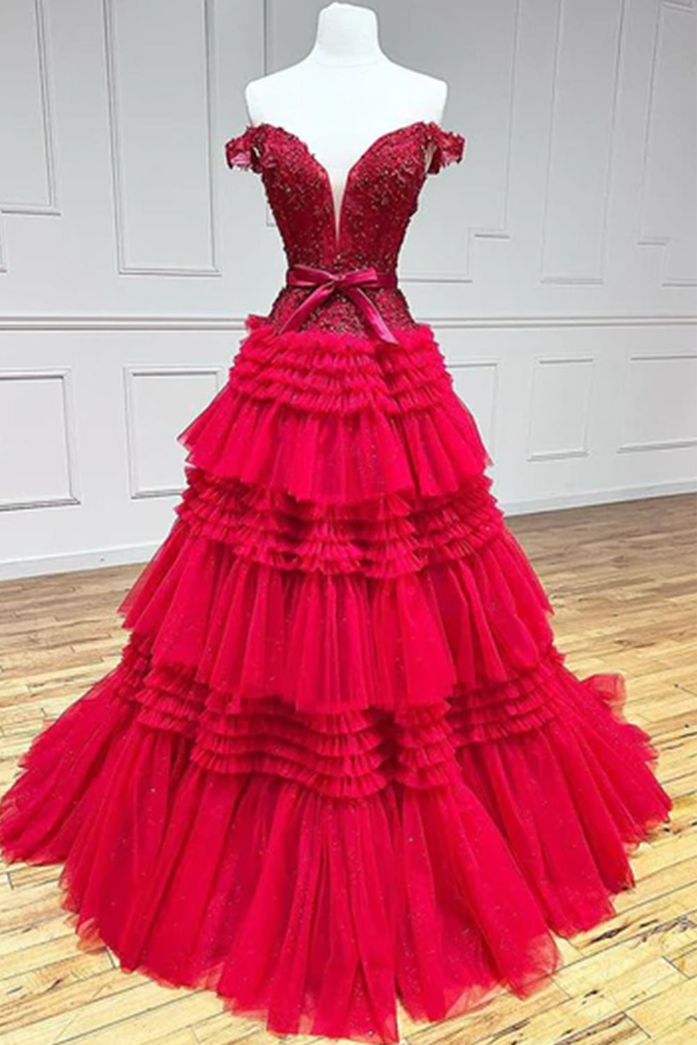 Ivory Off-the-Shoulder Princess A-Line Prom Dress with Ruffles
