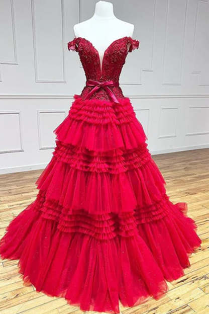 Ivory Off-the-Shoulder Princess A-Line Prom Dress with Ruffles
