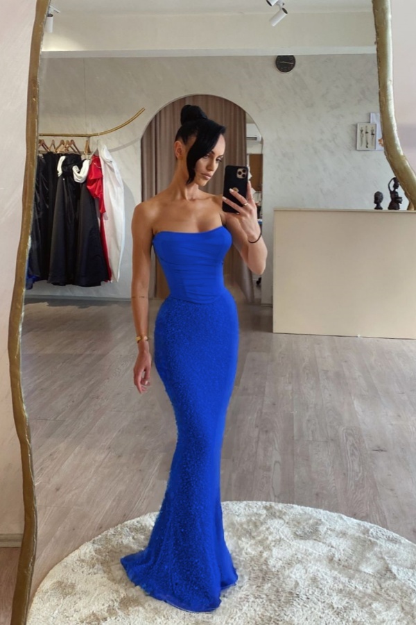 Strapless Sleeveless Long Mermaid Formal Dress With Sequin Pleated