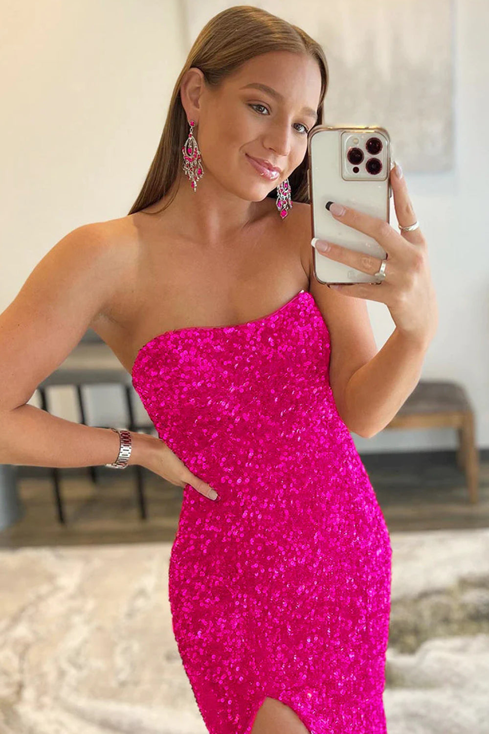 Long Red Prom Dress with Mermaid Sequins and Slit