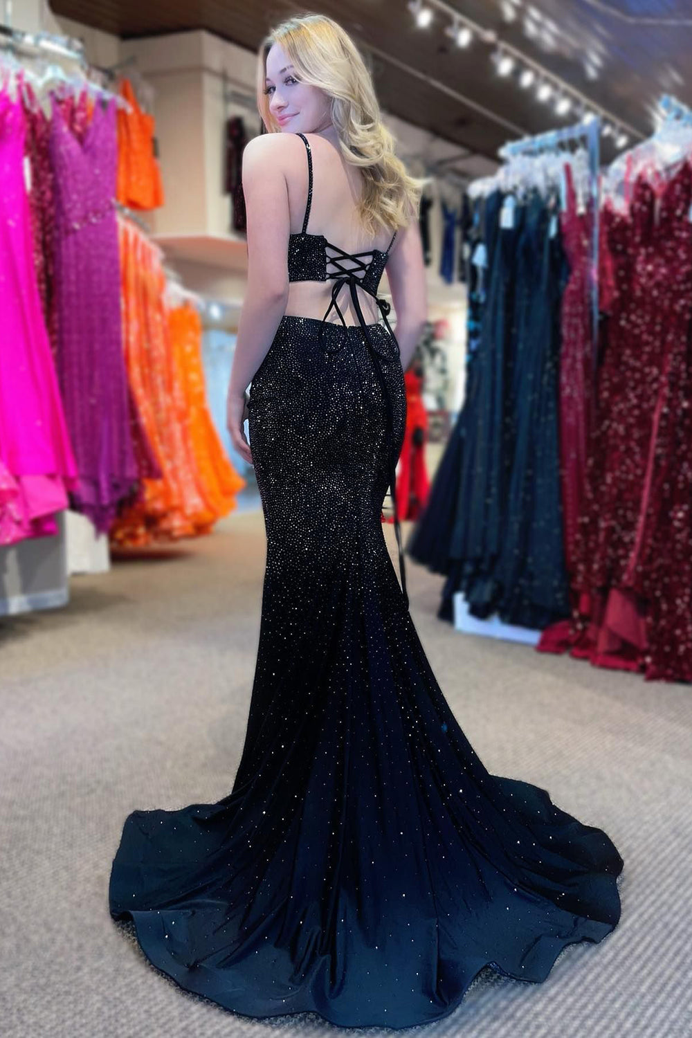Black Sequins Long Prom Dress with Mermaid Spaghetti Straps and Split Front