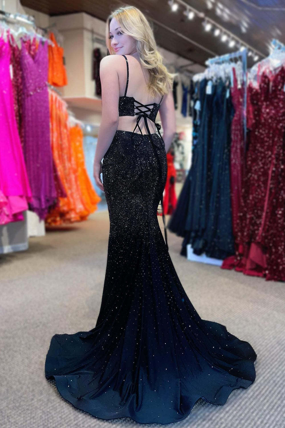 Black Sequins Long Prom Dress with Mermaid Spaghetti Straps and Split Front