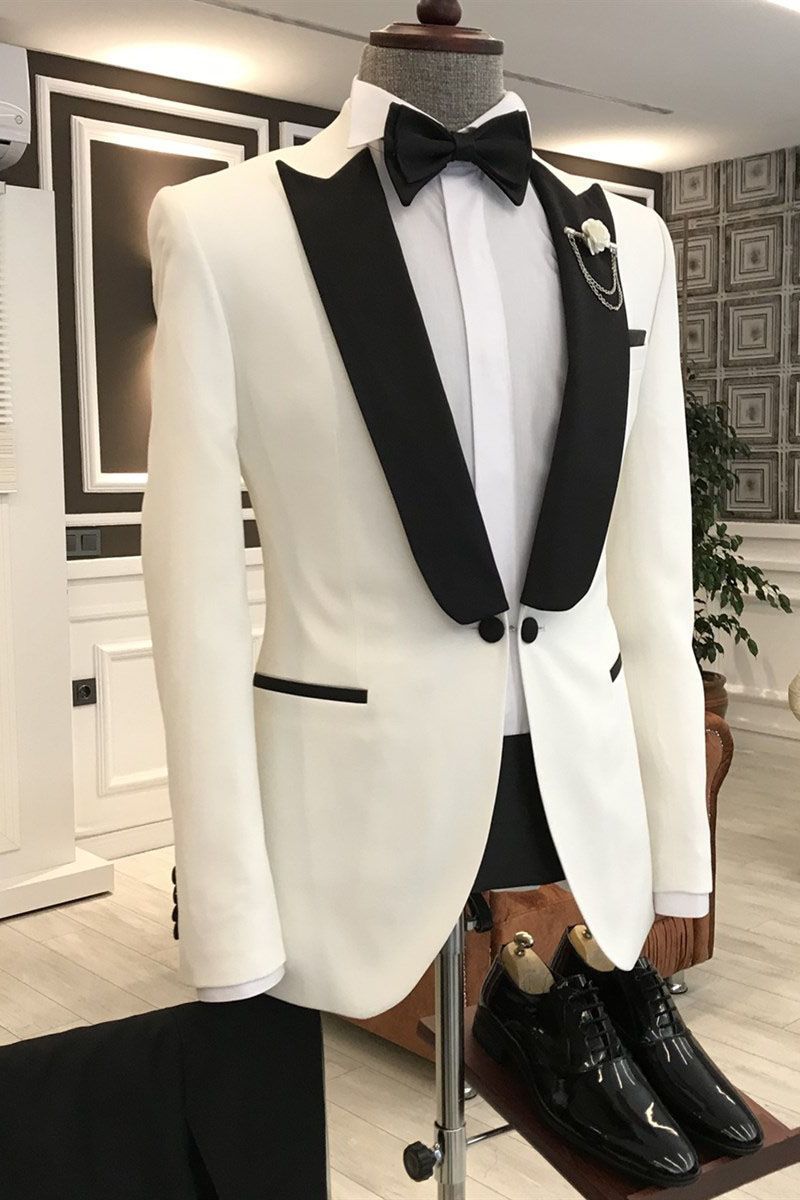 Elegant White Mixed Black Peaked Lapel One-Button Prom Suits for Guys