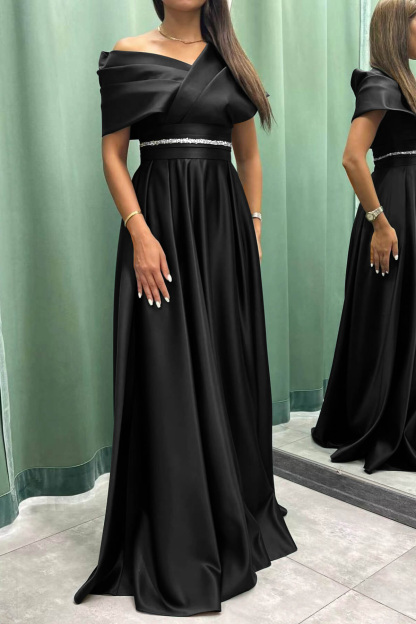 Long Elegant Evening Dress Pleat Off-The-Shoulder