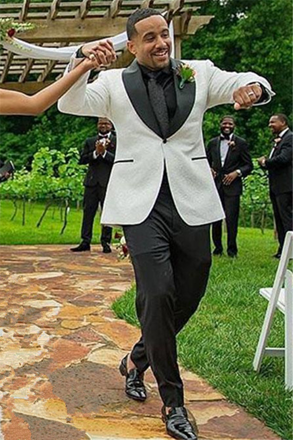 Unique One-Button White Jacquard Shawl-Lapel Wedding Men's Suit