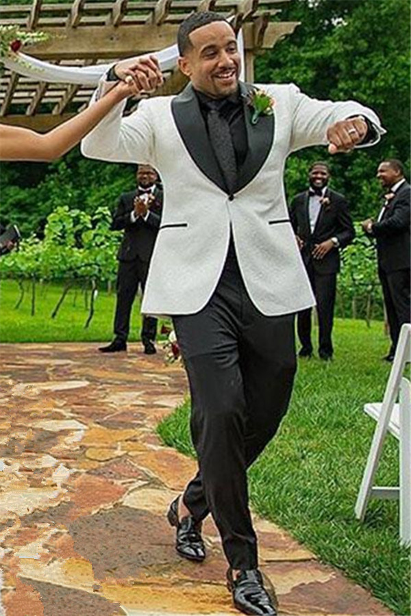 Unique One-Button White Jacquard Shawl-Lapel Wedding Men's Suit