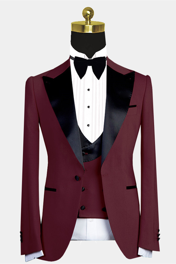 Modern Slim Fit Black Lapel Burgundy Wedding Suit for Men with