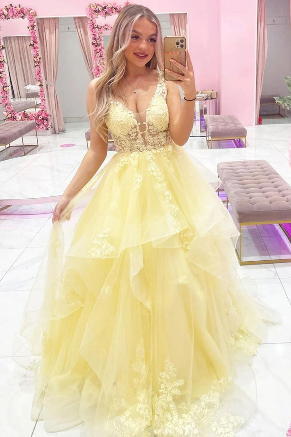 Yellow Deep V-Neck A-Line Prom Dress Featuring Appliques