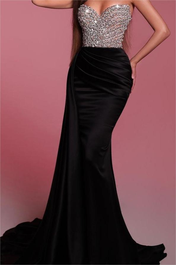 Black Strapless Sleeveless Pleated Mermaid Formal Dress With Bead Embroidery