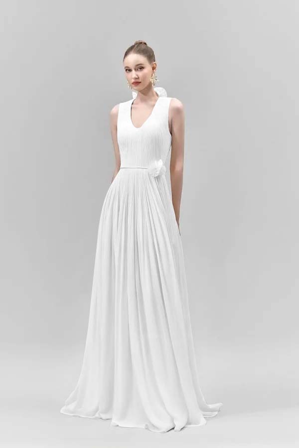 Chic Sleeveless Straps V Neck Long Formal Dress With Pleated Belt