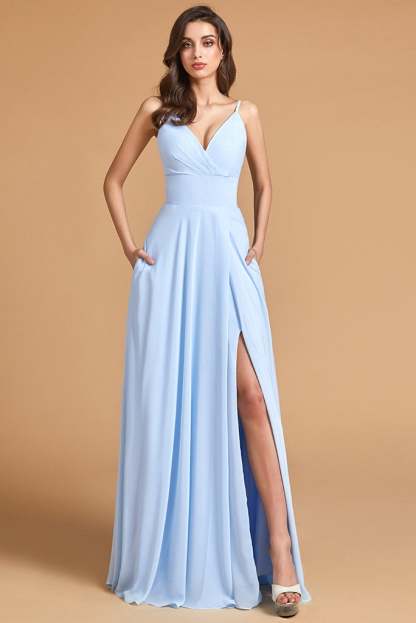 V-Neck Spaghetti-Straps Split Bridesmaid Dress with Pockets