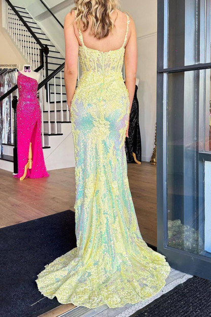 Elegant Yellow Mermaid Prom Dress with Square Neck and Front Split