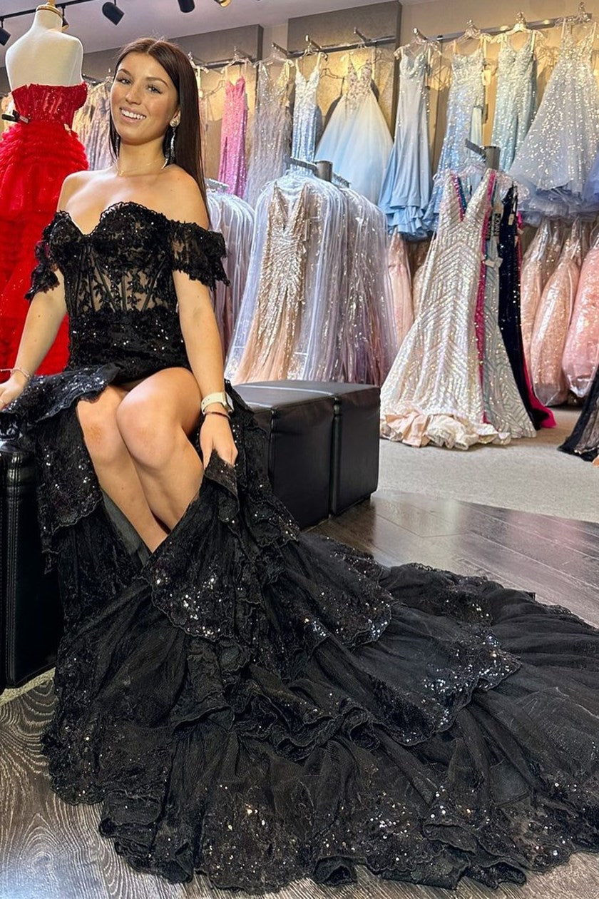 Elegant Navy Mermaid Prom Dress with Off-Shoulder Lace Ruffles