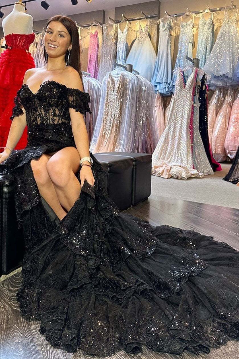 Elegant Navy Mermaid Prom Dress with Off-Shoulder Lace Ruffles