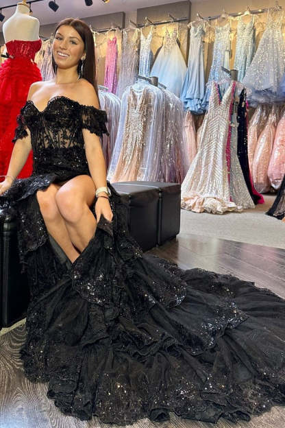 Elegant Navy Mermaid Prom Dress with Off-Shoulder Lace Ruffles