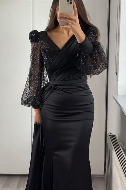 V Neck Long Sleeves Sequins Mermaid Split Formal Dress With Ruffles