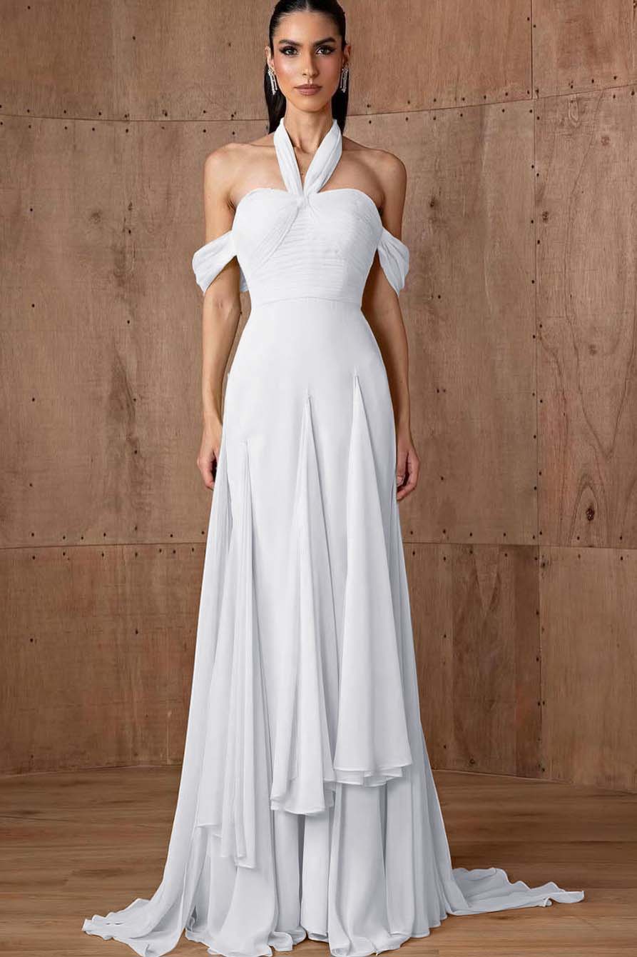Halter Off the Shoulder Sleeveless Long Formal Dress With Ruffles