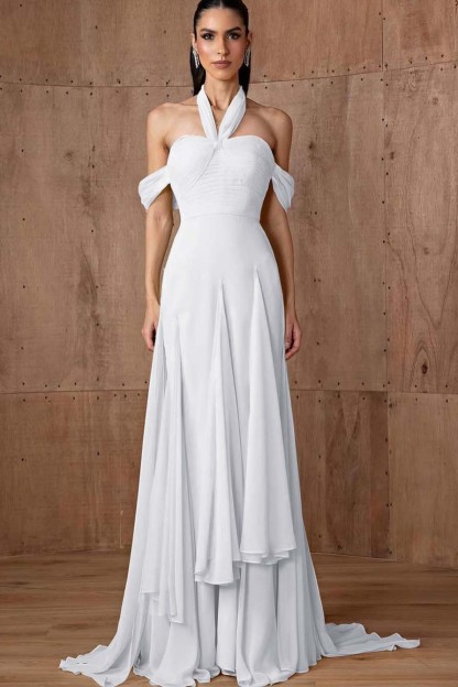 Halter Off the Shoulder Sleeveless Long Formal Dress With Ruffles