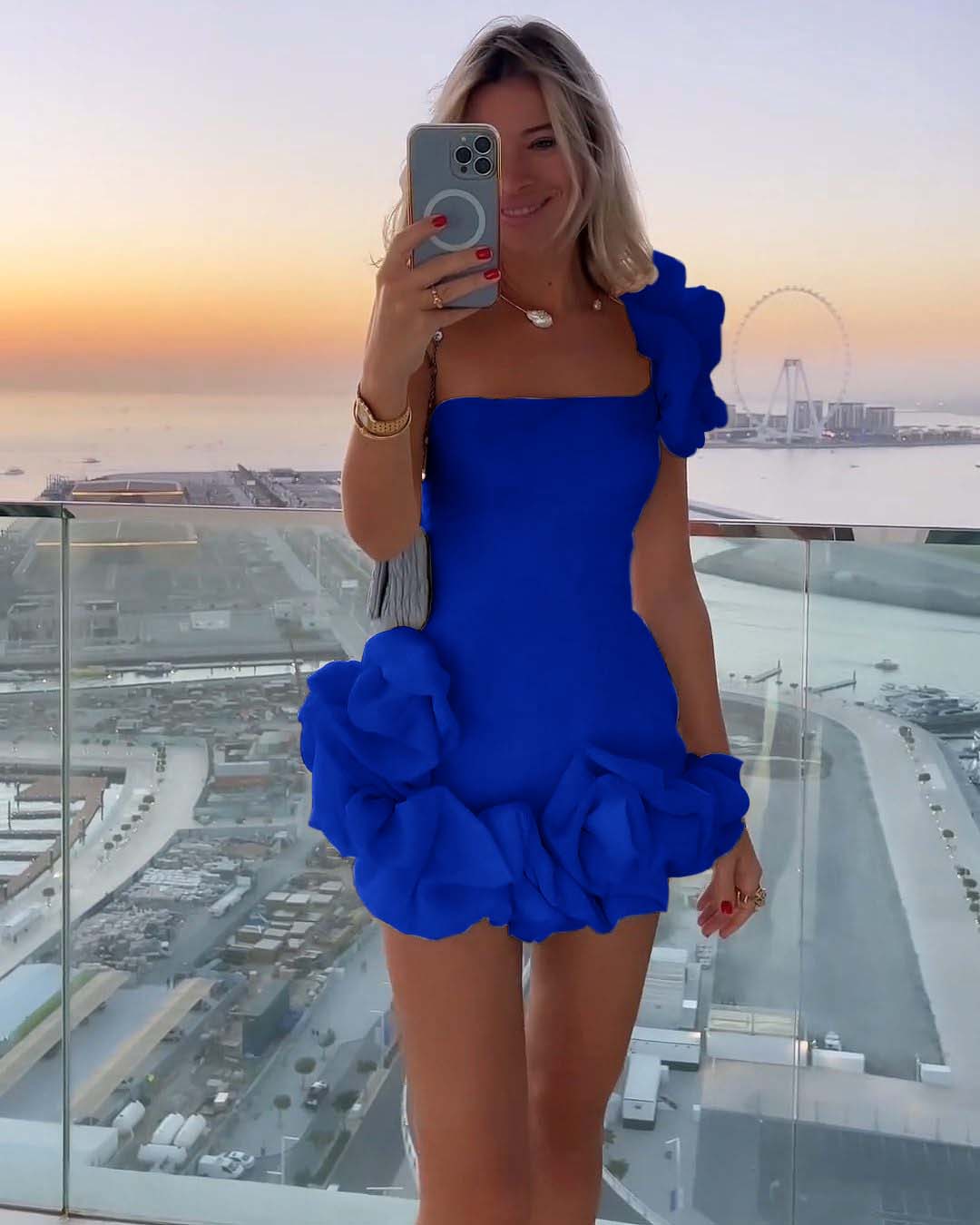 Ivory One-Shoulder Bloom Short Mini cocktail Dress