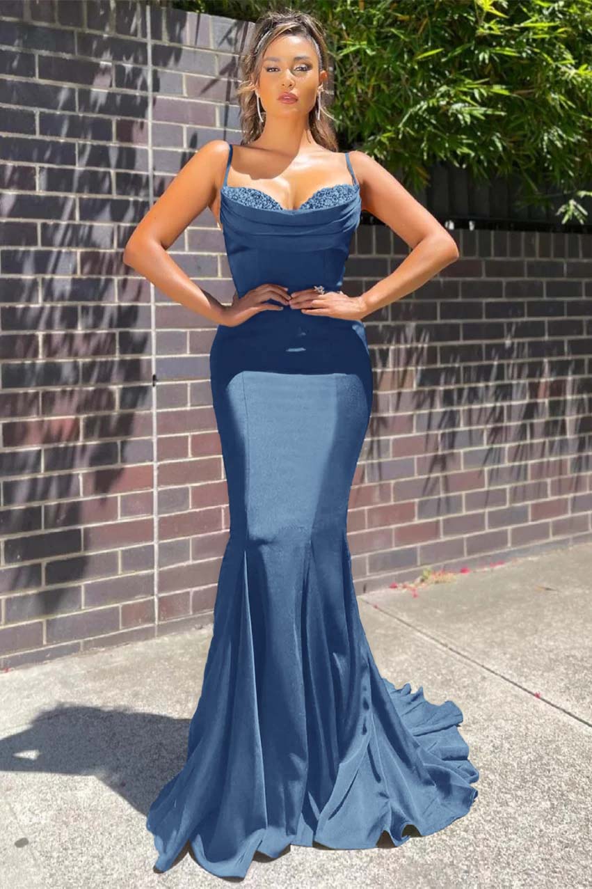 Long Spaghetti Strap Sleeveless Mermaid Ruffles Formal Dress With Beadings