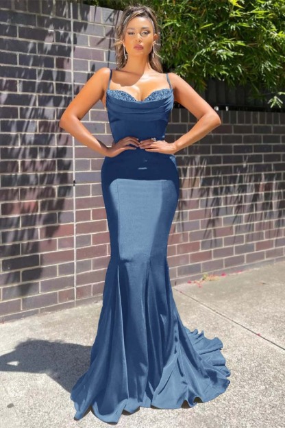Long Spaghetti Strap Sleeveless Mermaid Ruffles Formal Dress With Beadings