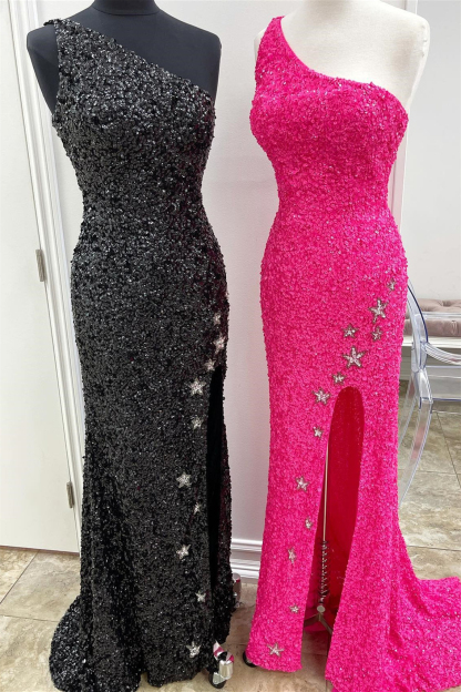 Sparkle Black Sequins One Shoulder Sleeveless Mermaid Formal Dress With Split