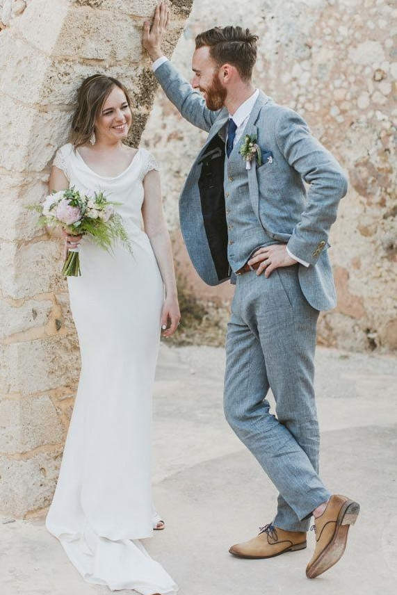 Latest Summer Blue Linen Beach Notched Lapel Wedding Suit